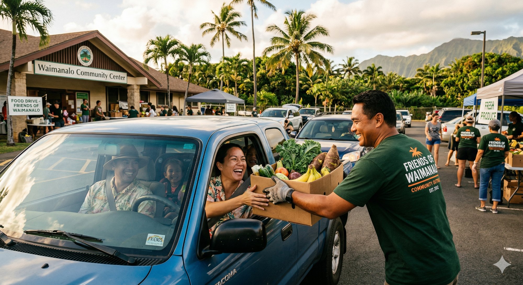 Volunteer handing produce box to family at community food drive