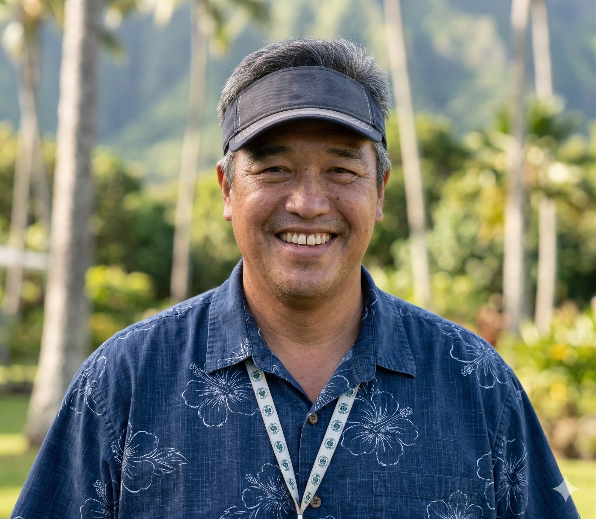 Scotty Wong, Director of Operations at Friends of Waimanalo, photographed outdoors with palm trees and mountains