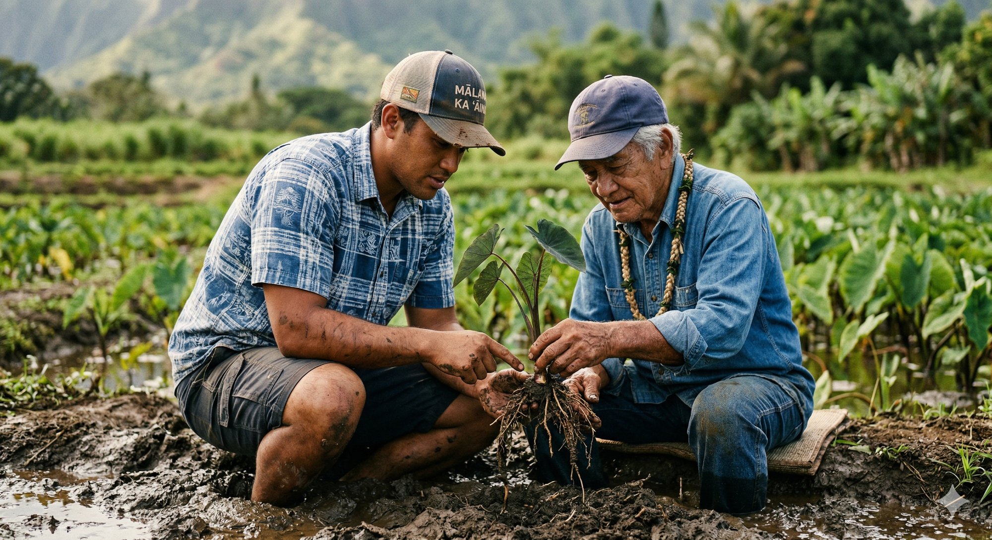 Young Hawaiian man learning to plant taro from a kūpuna elder in a loʻi
